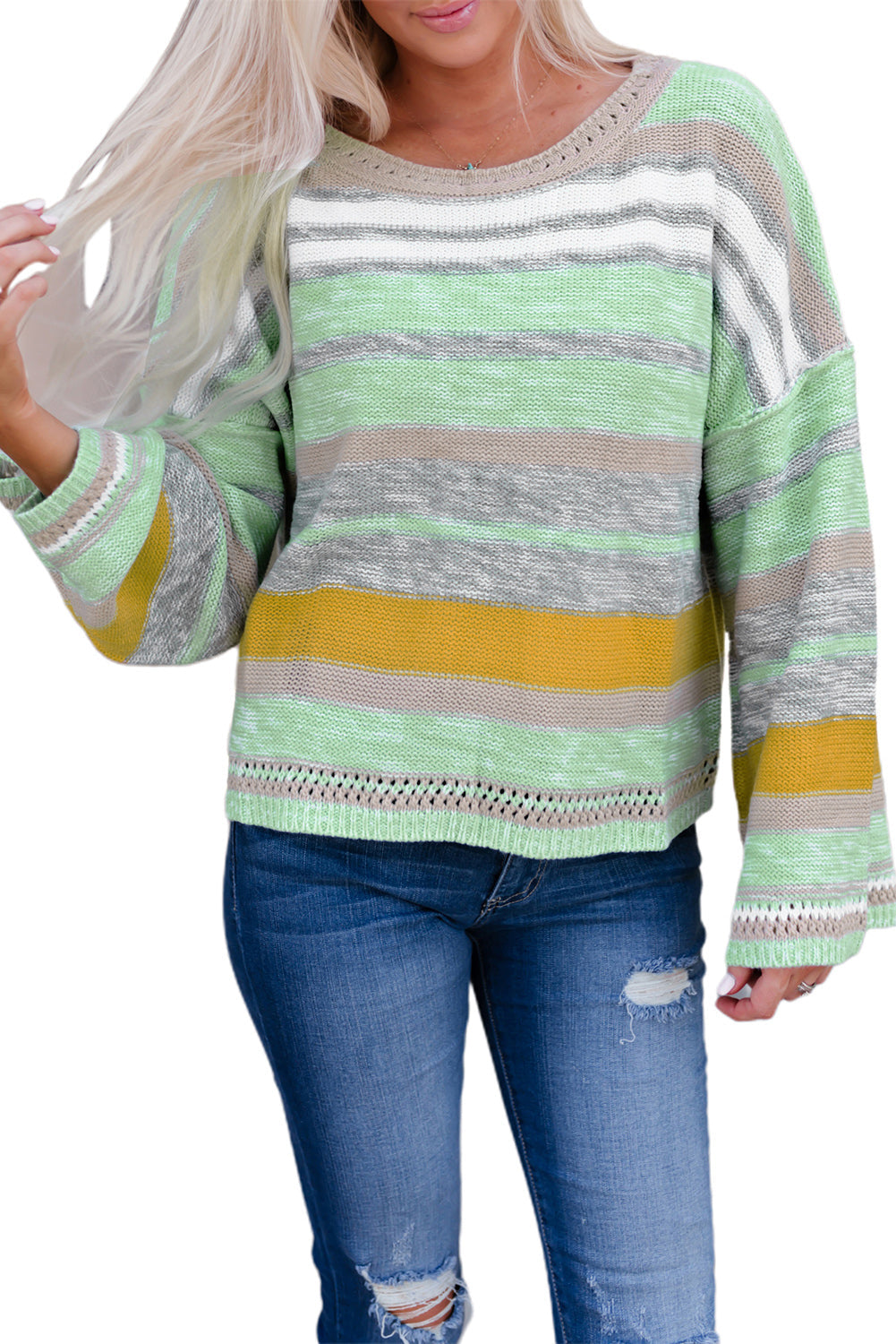 Women's Sweater Featuring Striped Bell Sleeves Loose
