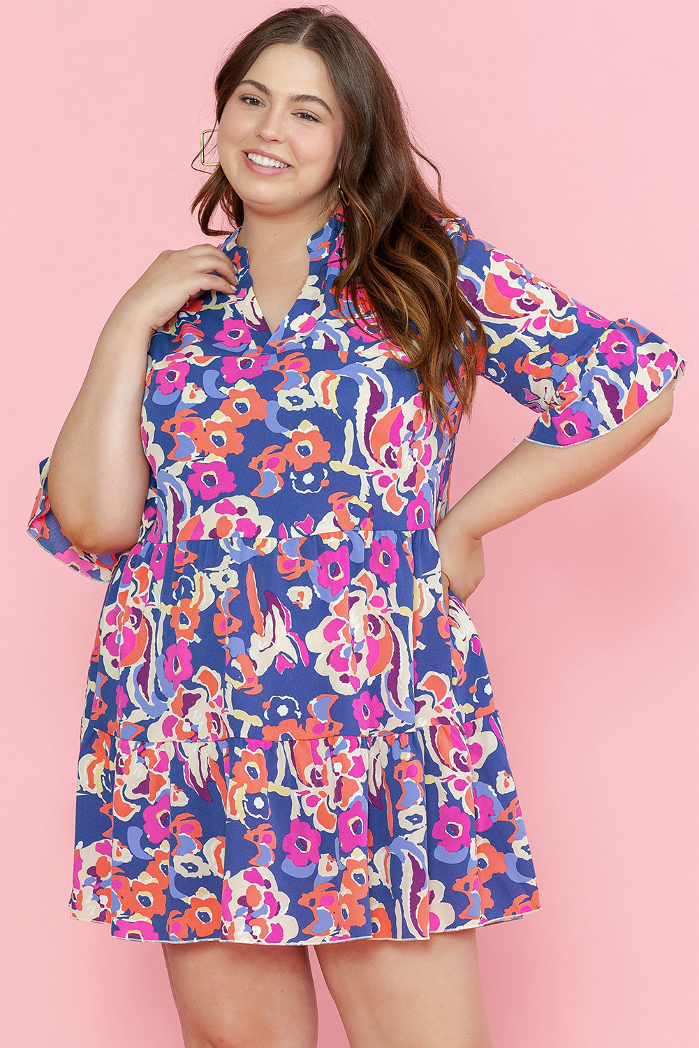 Women's Mini Dress with Ruffle-Trimmed Three-Quarter Sleeve Plus Size Floral-Print Print