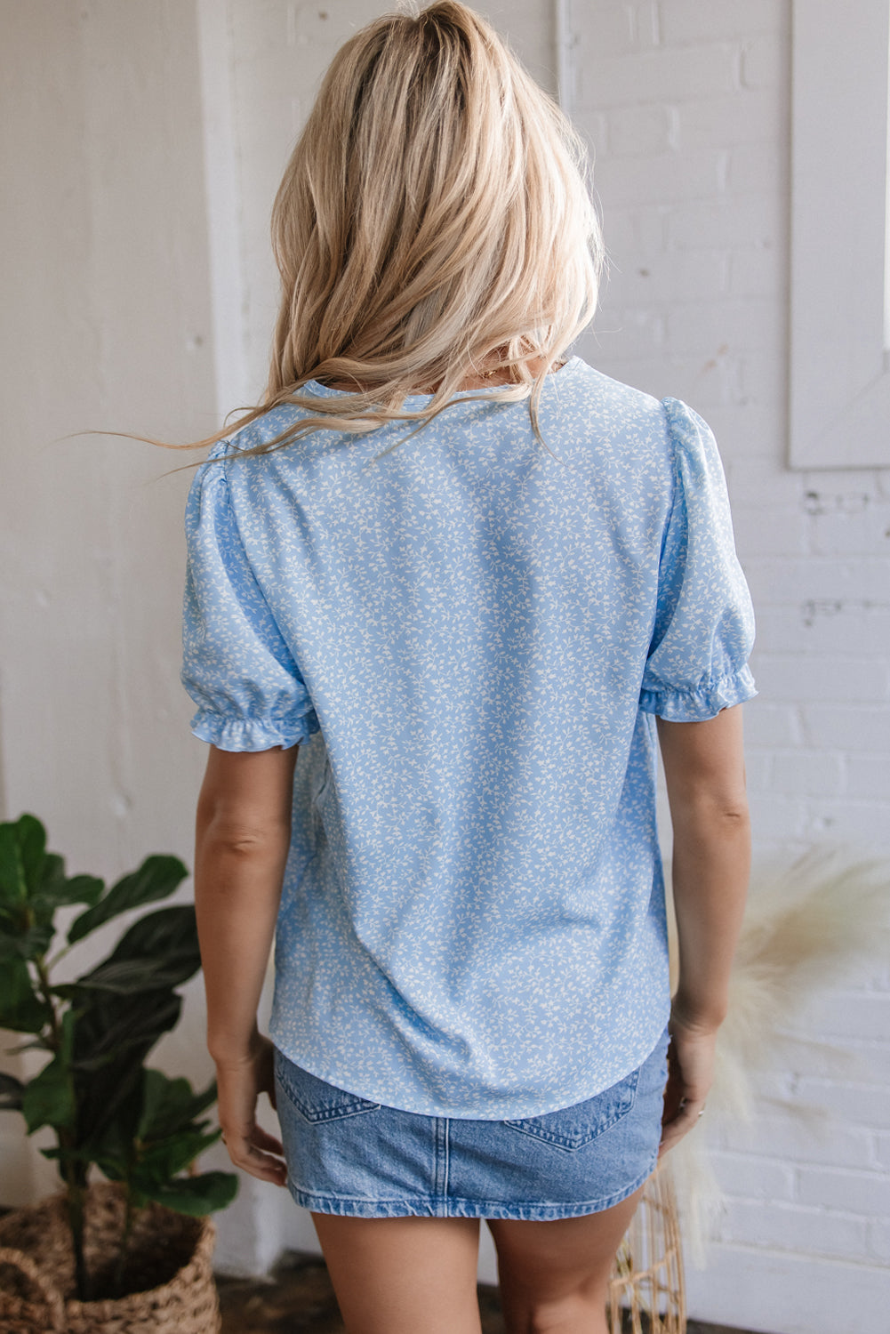 Sky Blue Floral Embroidered Notched V Neck Blouse
