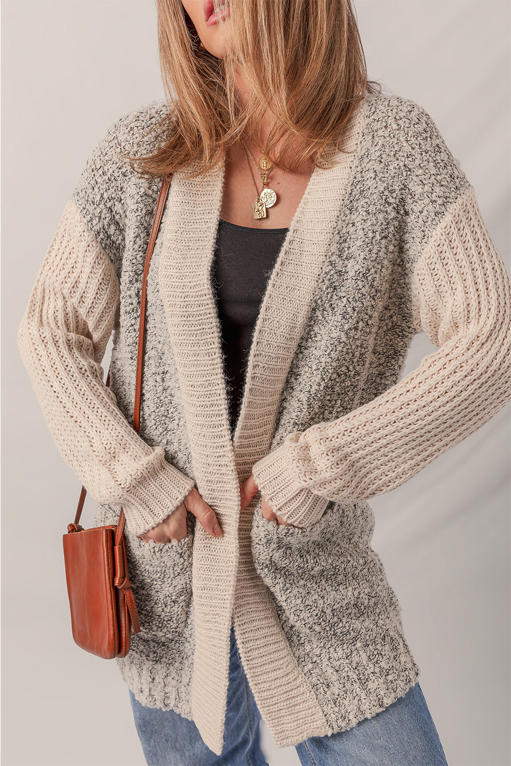 Colorblock Side Pockets Open-Front Cardigan