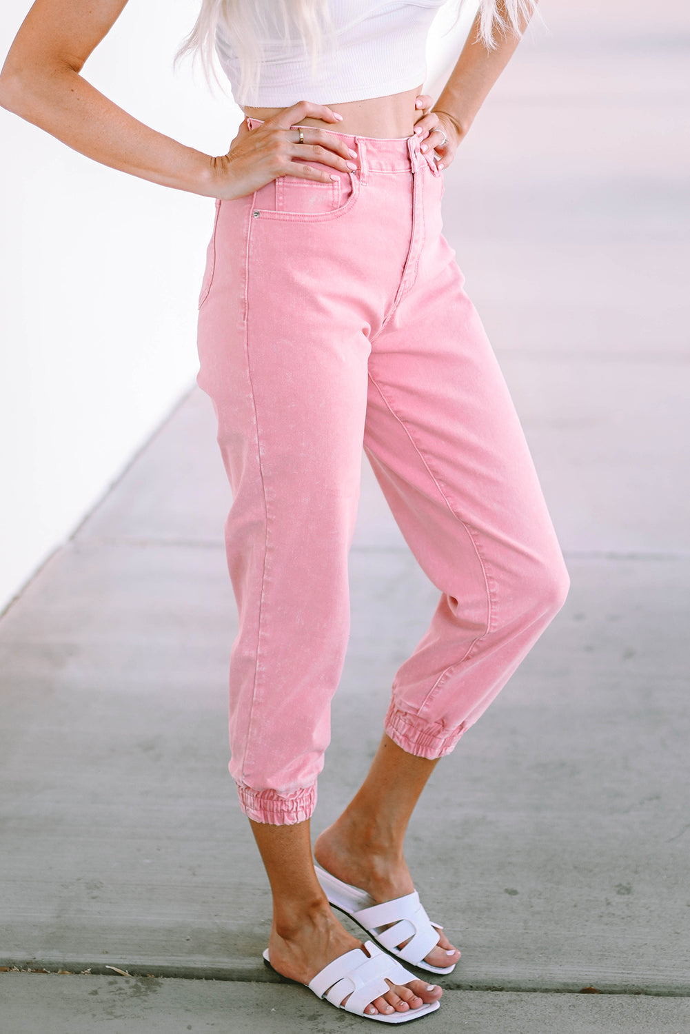 Women's Jeans with Acid Wash Elastic Cuffed High-Rise