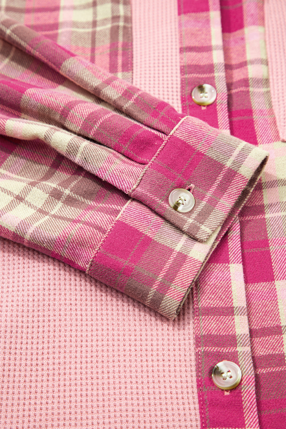 Patch Pocket Waffle Pocket Plaid Patchwork Plus Size Shirt in Pink