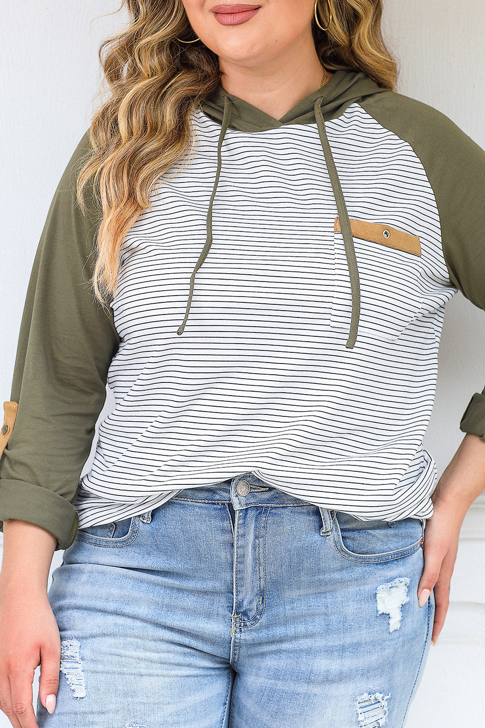 Women's Hoodie Featuring Plus Size Striped Raglan-Sleeve