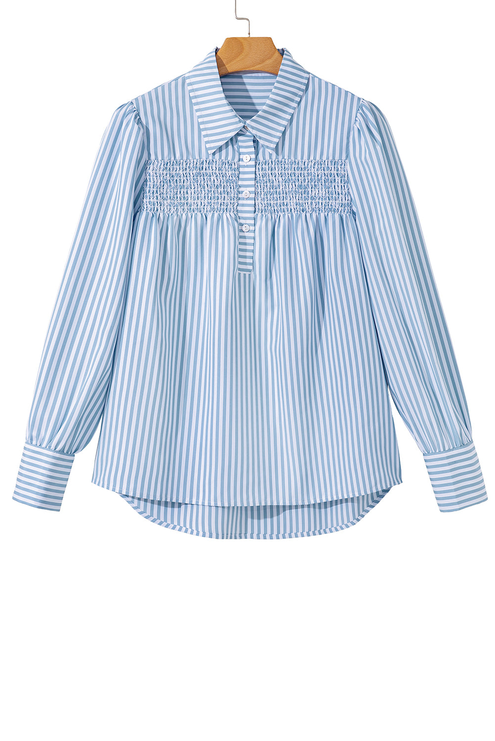 Shirred Placket Detail Half Collared Long-Sleeved Fall Shirt