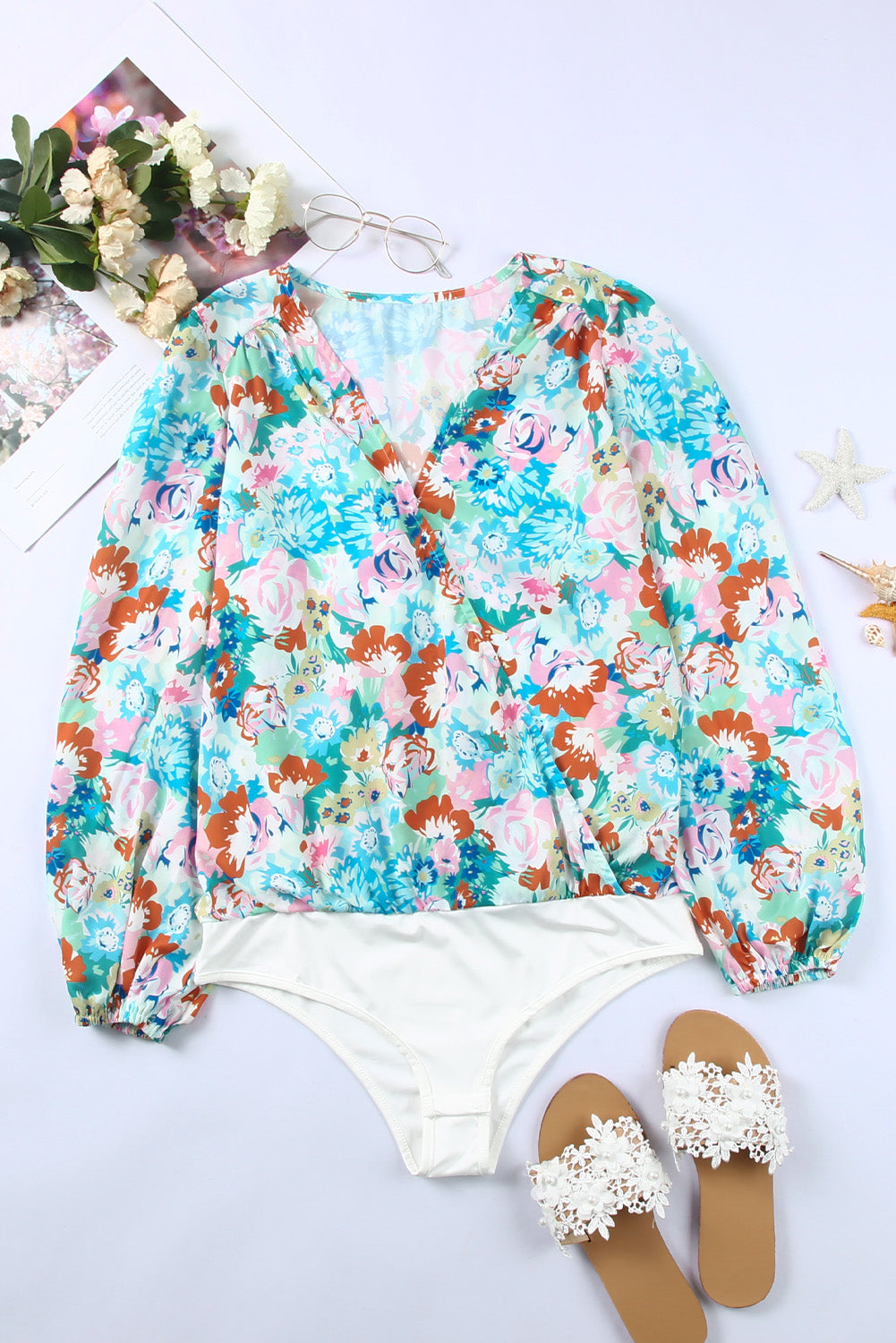 Bodysuit for Women Floral-Print Print Wrap