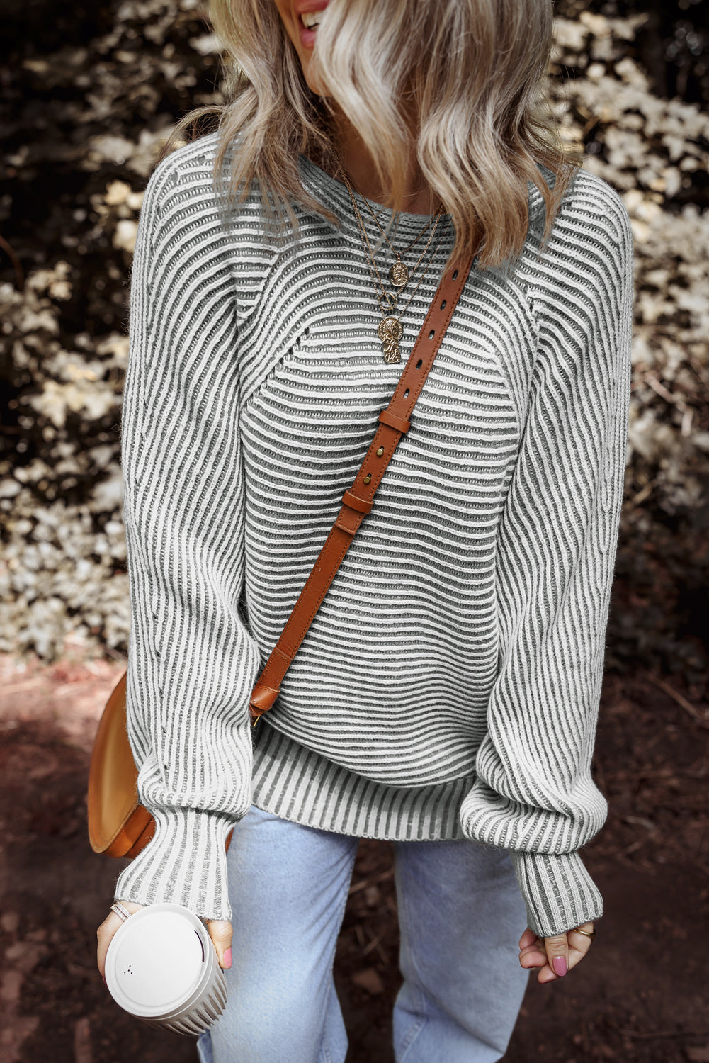 Striped Print Rib-Knit Knit Boat Neck Baggy Knit Top