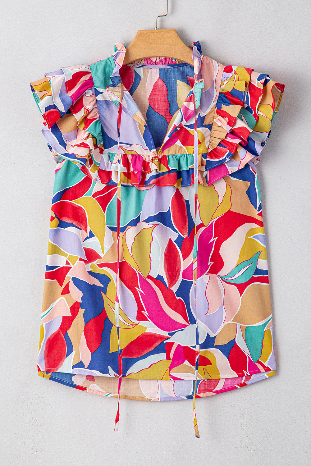 Abstract Printed Ruffled Flutter Sleeve Blouse