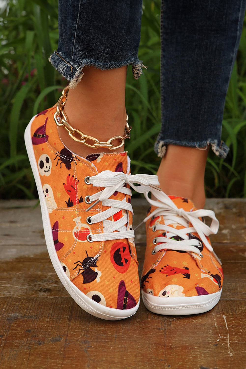 Ghost Halloween Pumpkin Print Lace-up Flat Shoes