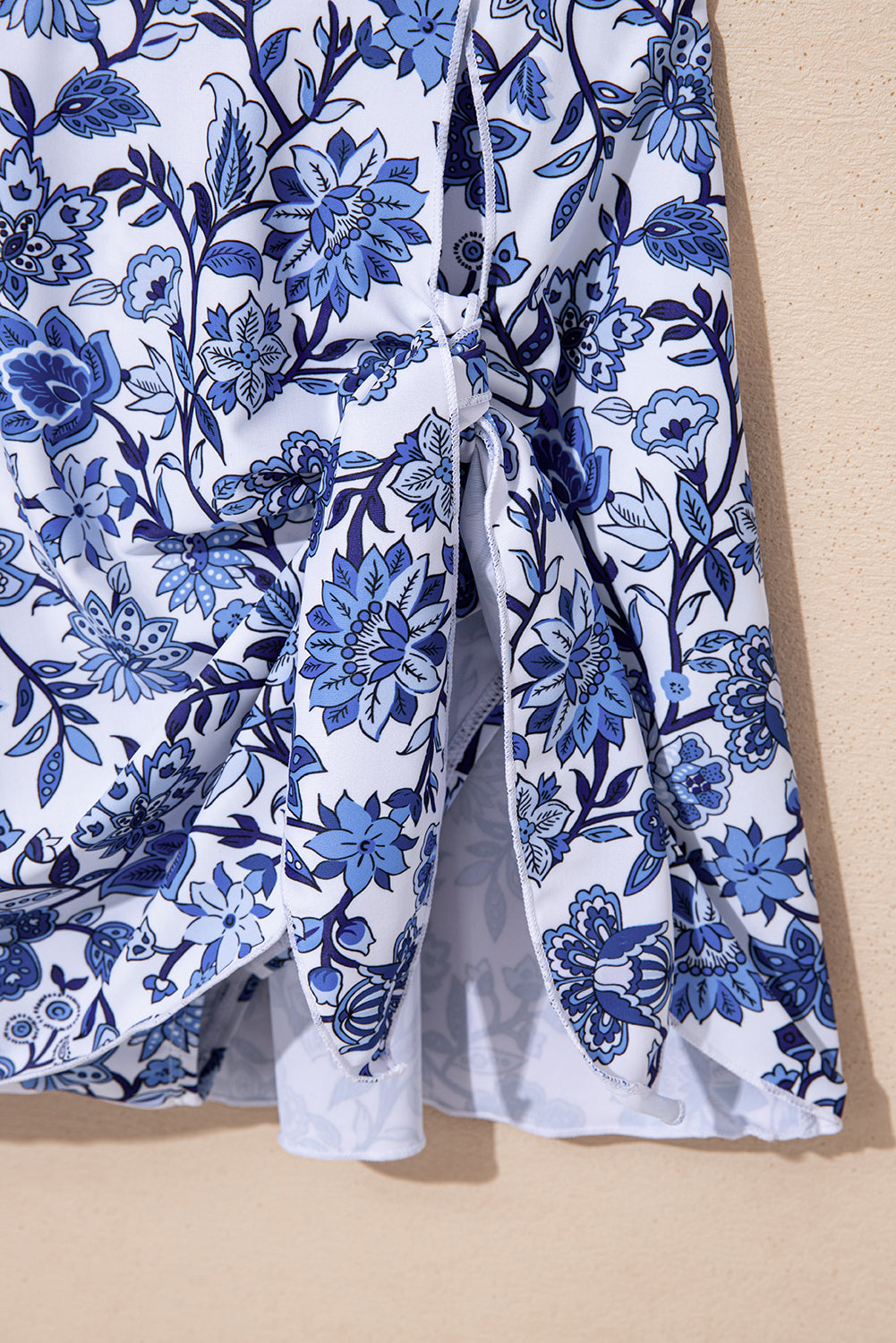Floral-Print Crossed Back Asymmetric Knot Side One Piece Swimsuit in Sky Blue