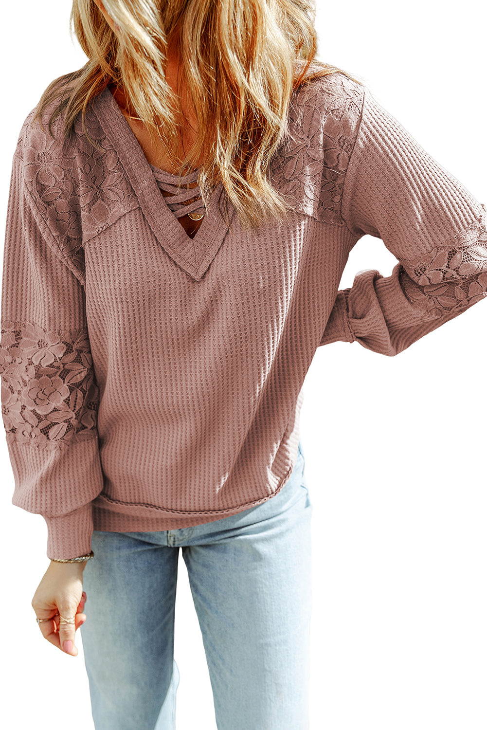Women's Top with Long-Sleeve Lace-Trimmed Waffle V Neck