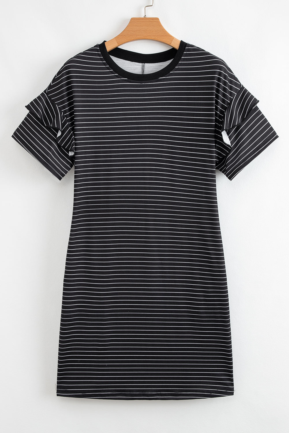 Black Stripe Ruffled Short Sleeve T Shirt Shift Mini Dress