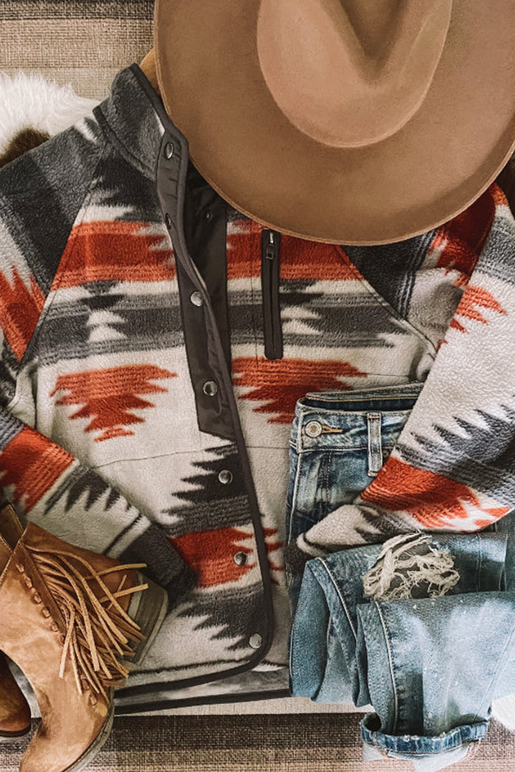 Women's Fleece Western Aztec Snap Button-Front Jacket