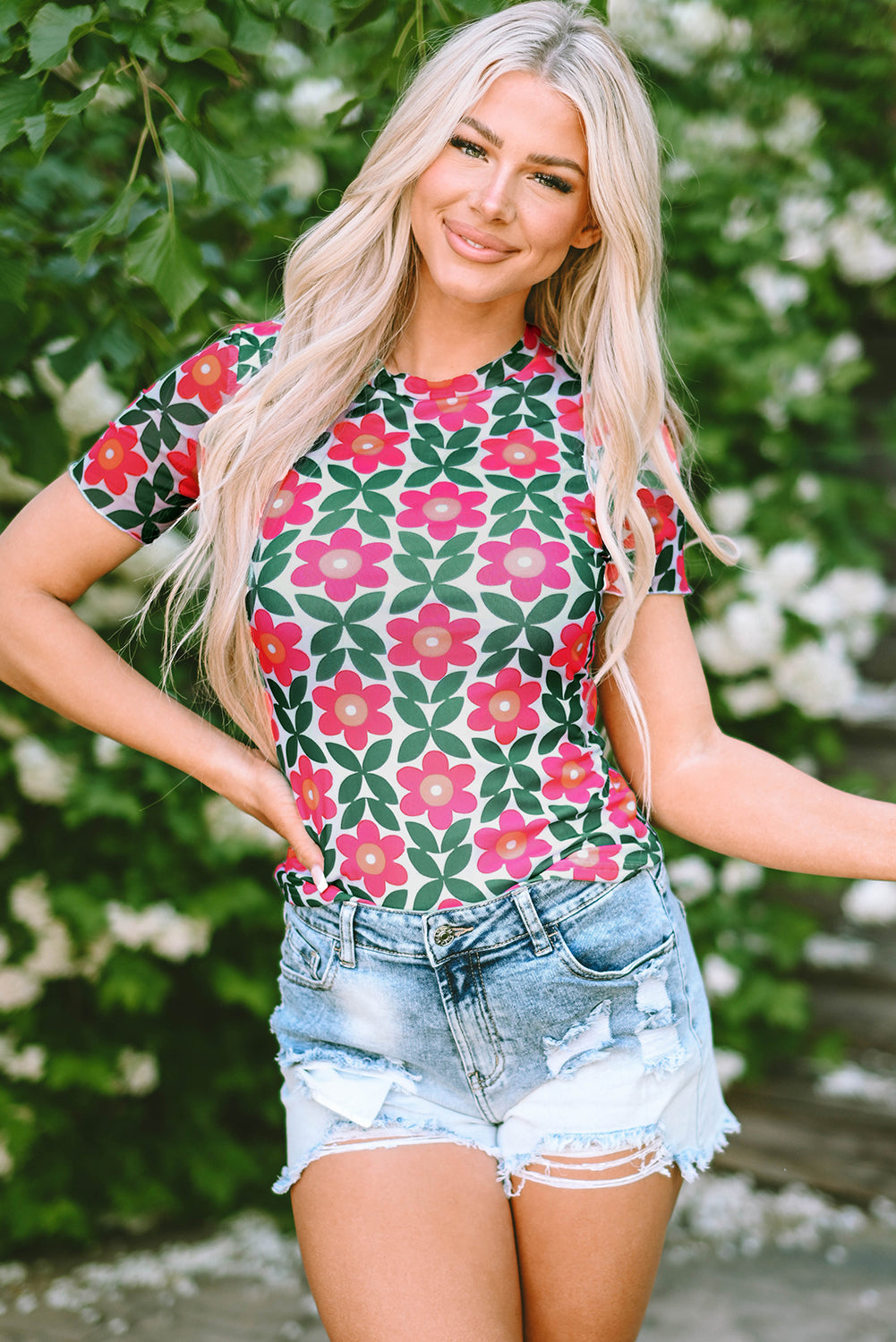 Women's T Shirt with Print Crew Neck Retro Floral-Print