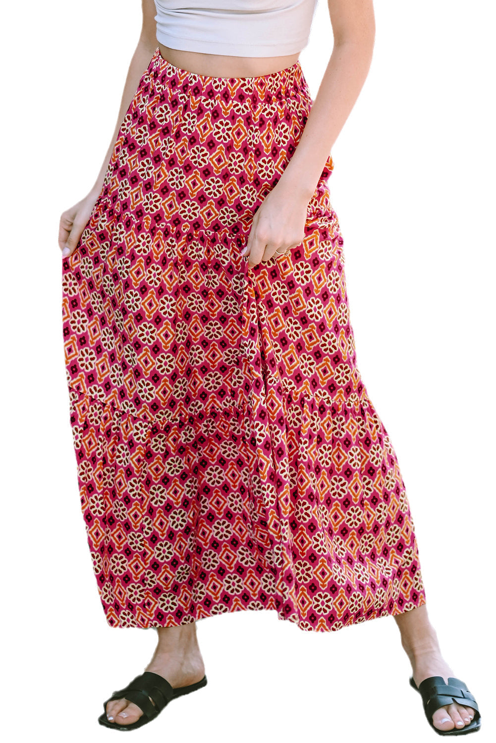 Skirt for Women Print Layered Maxi Vintage Bohemian Floral-Print