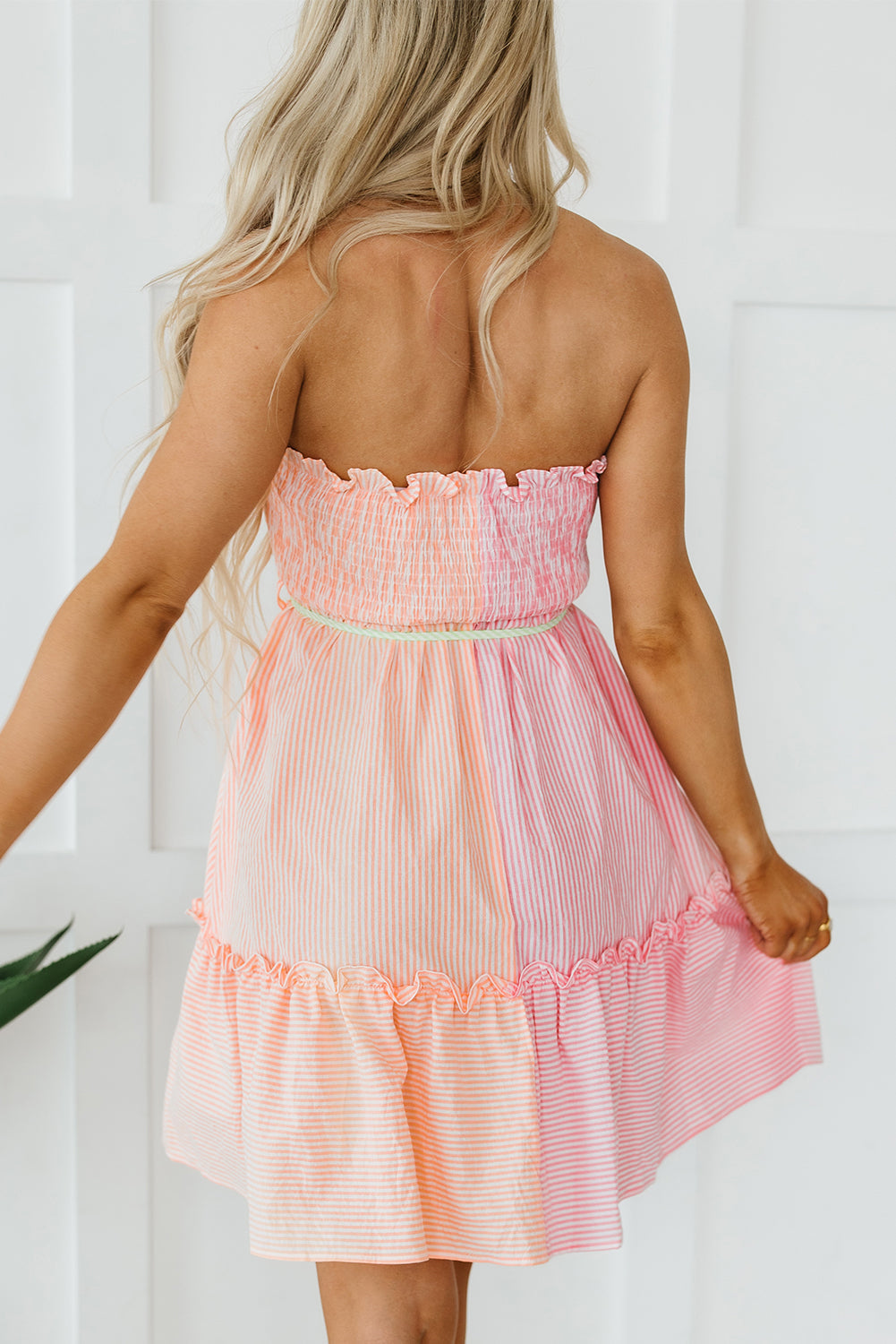 Women's Mini Dress with Strapless Shirred Frill-Trimmed