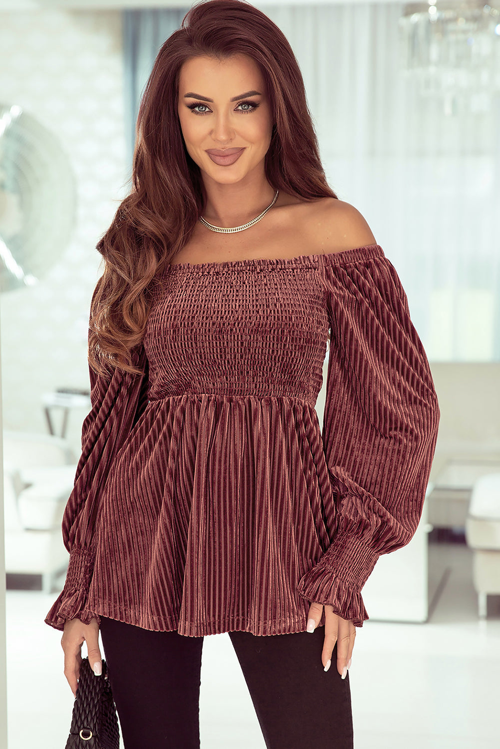 Babydoll Top for Women Shirred Rib-Knitted Velvet