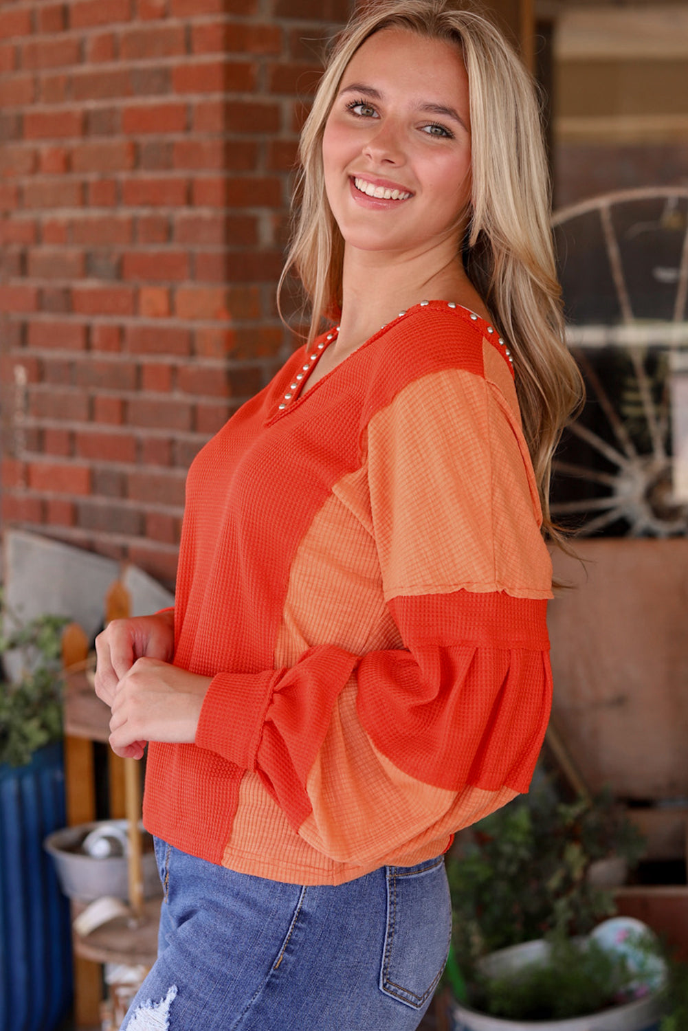Women's Knit Top with Studded V Neckline Textured