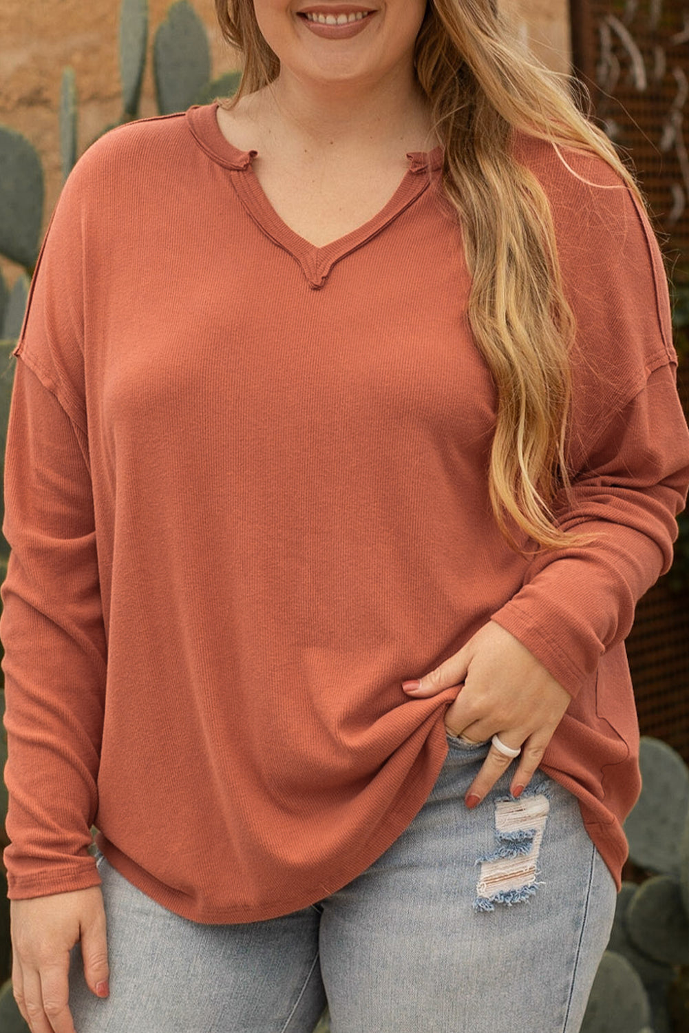 Women's Top with Plus Size V Neck Long-Sleeve