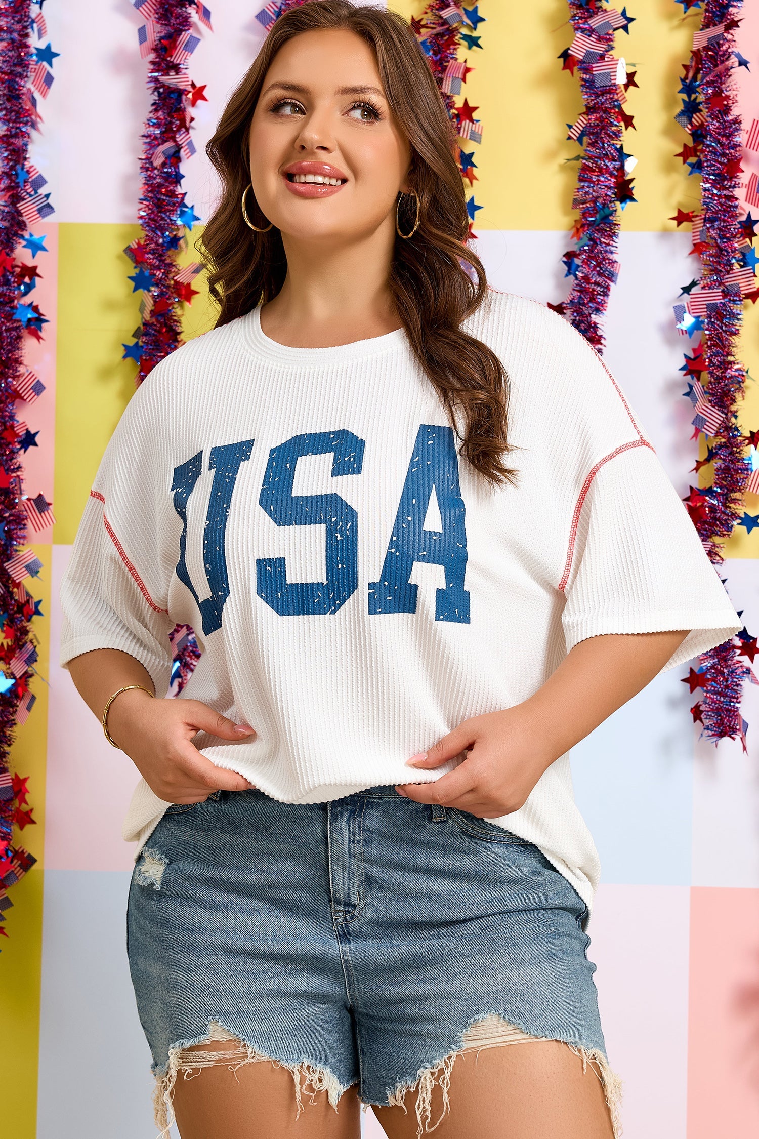 Plus Size Twisted Rib Retro USA Letter Printed T Shirt in White