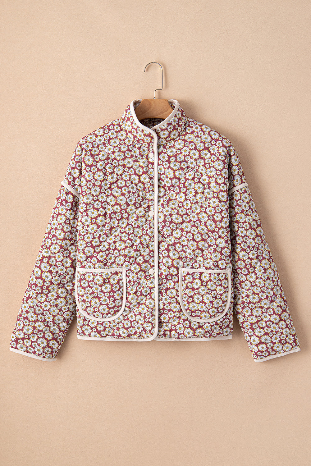Edge Floral-Print Contrast Pocket-Detail Stand-Neck Jacket in Pink