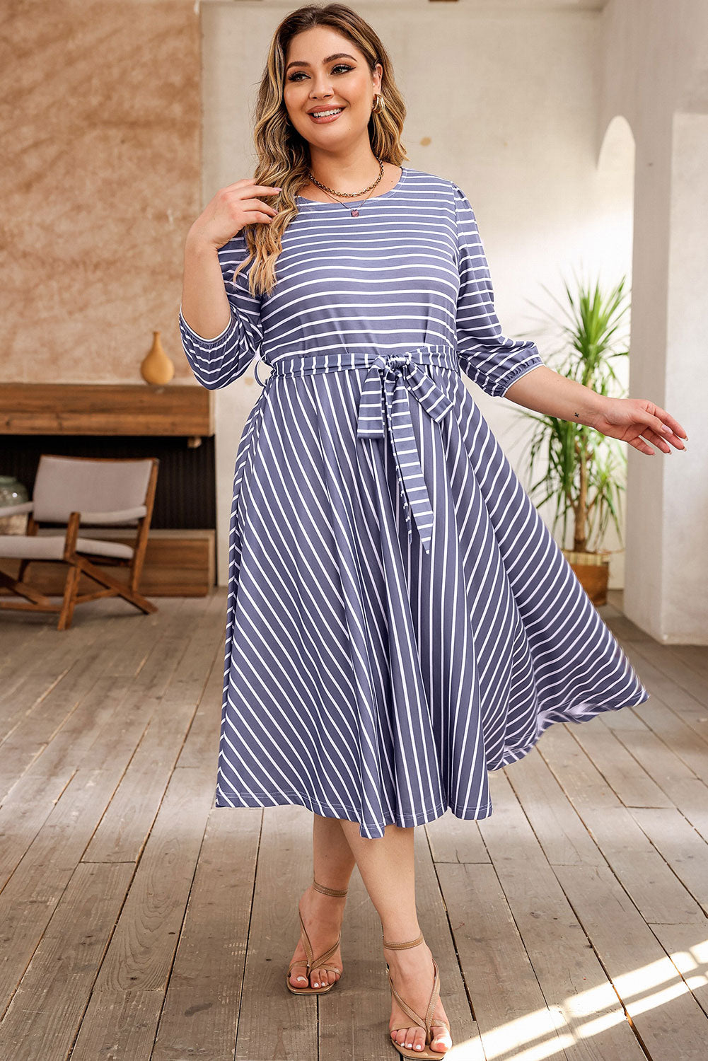 Dress for Women Tie Waist Three-Quarter Sleeve Plus Size