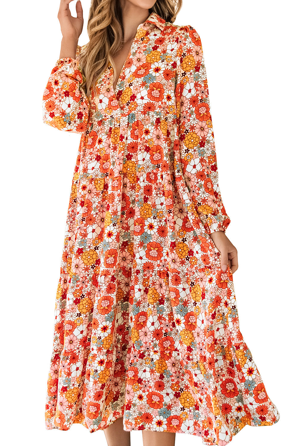 Dress for Women Collared Long-Sleeve Ruffle-Trimmed Bohemian