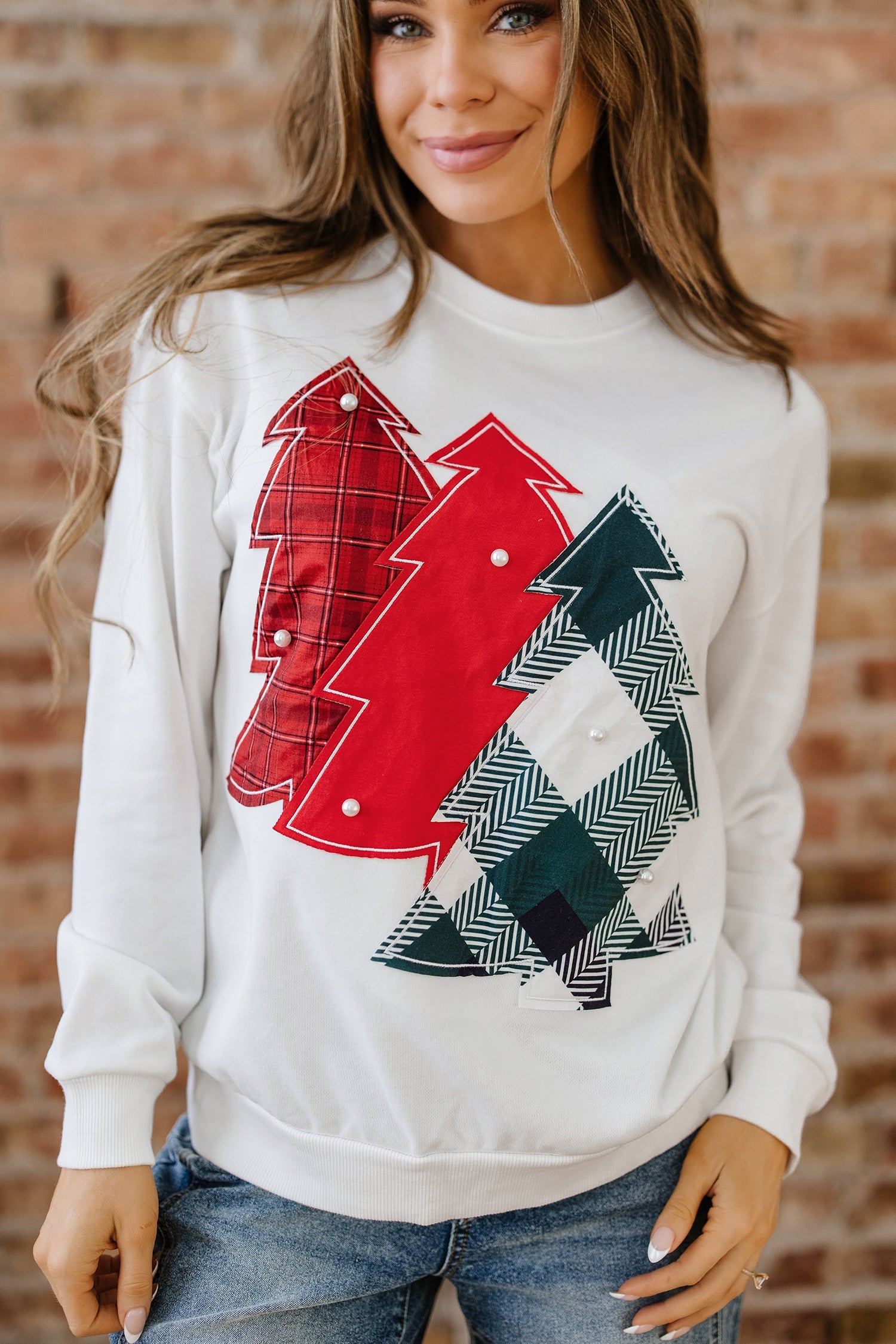 Pearl Plaid Christmas Tree Patched Drop-Shoulder Sweatshirt