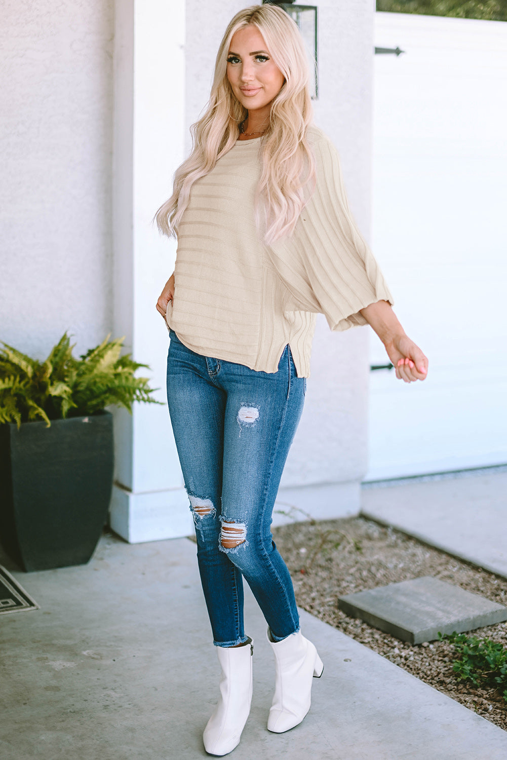 Sweater for Women Seam Rib-Knitted Knitted Dolman