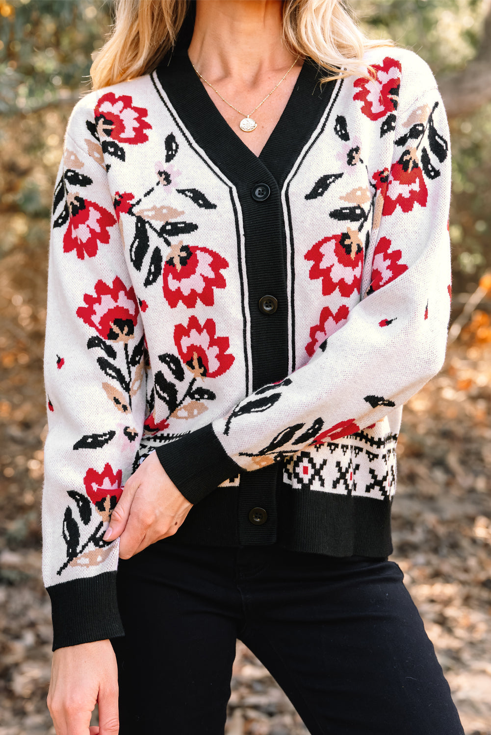 Floral-Print Button-Front V-Neck Knit Cardigan