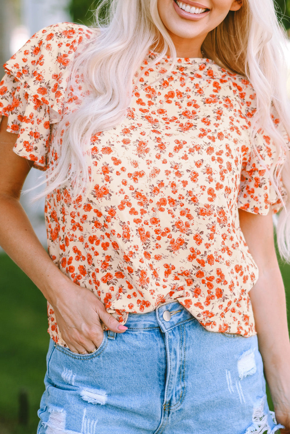 Blouse for Women Layered Flutter Sleeve Floral-Print
