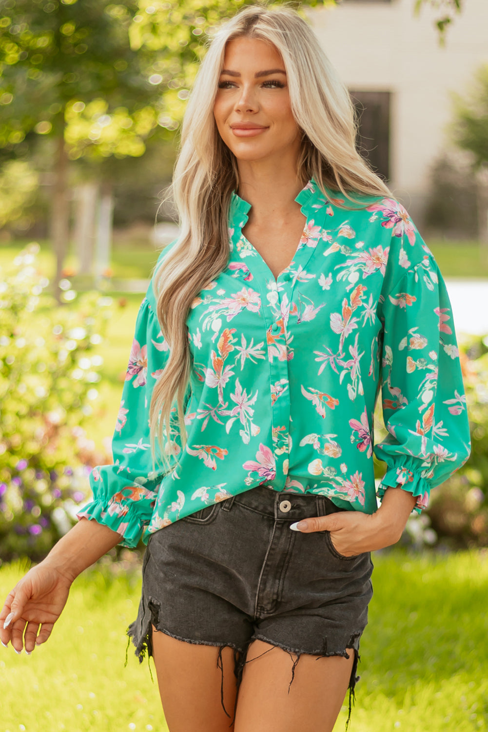 Floral Button Lantern Sleeve Front Shirt