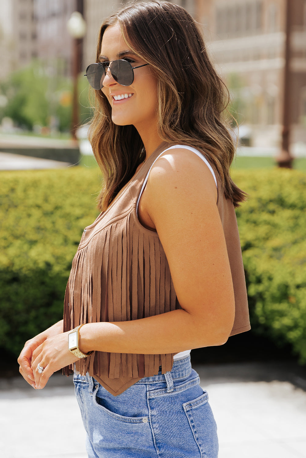 Women's Vest with Fringed Snap Suedette