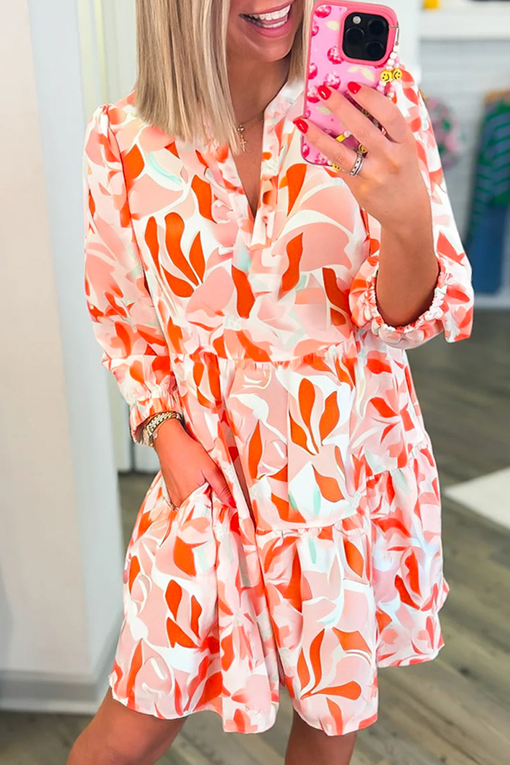 Abstract Print Split Neck Long-Sleeved Dress