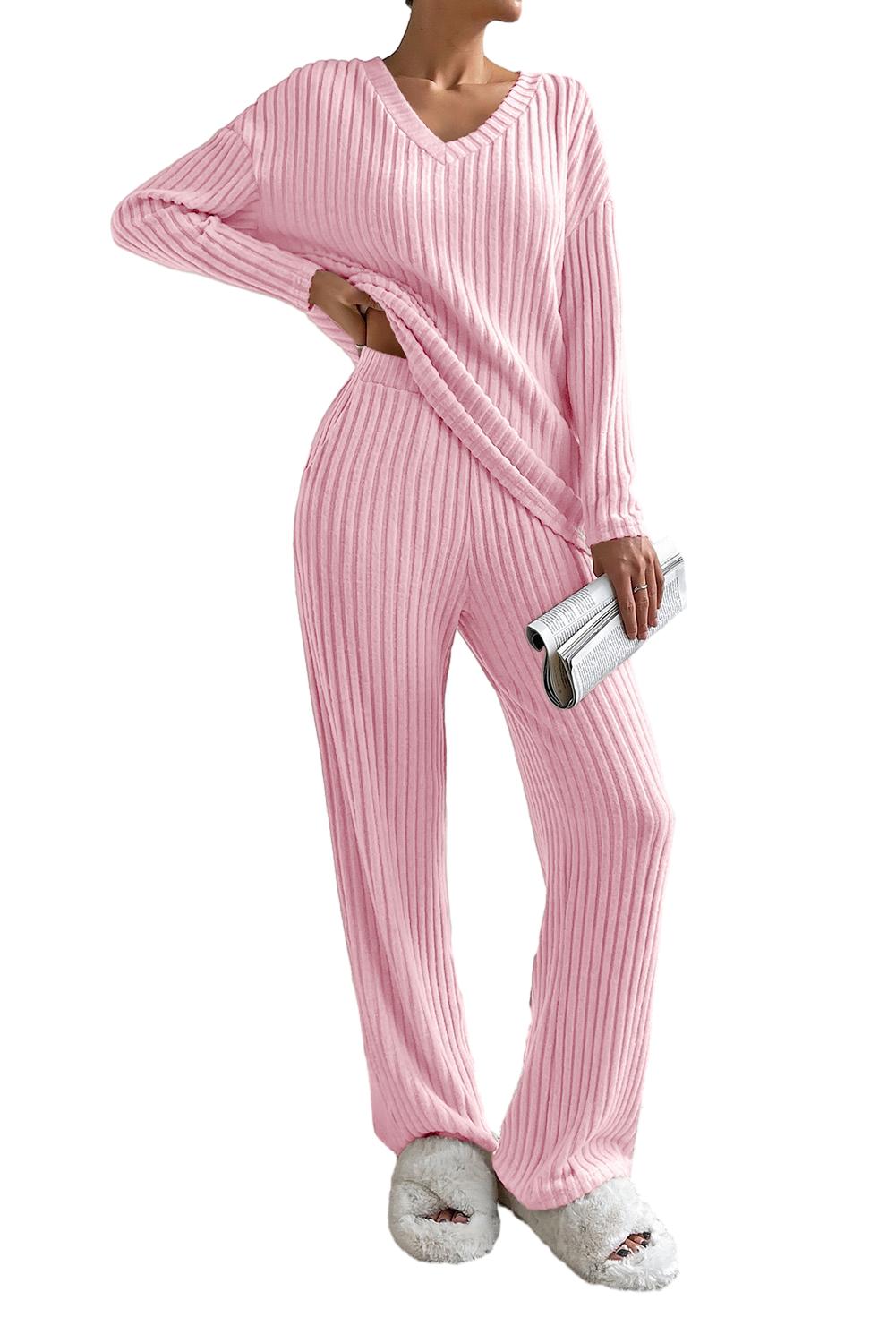 Rib-Knit Knit V-Neck Slouchy Two-piece Outfit
