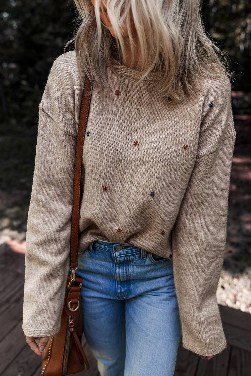 Colored Dot Contrast Dot Detail Drop-Shoulder Knit Top