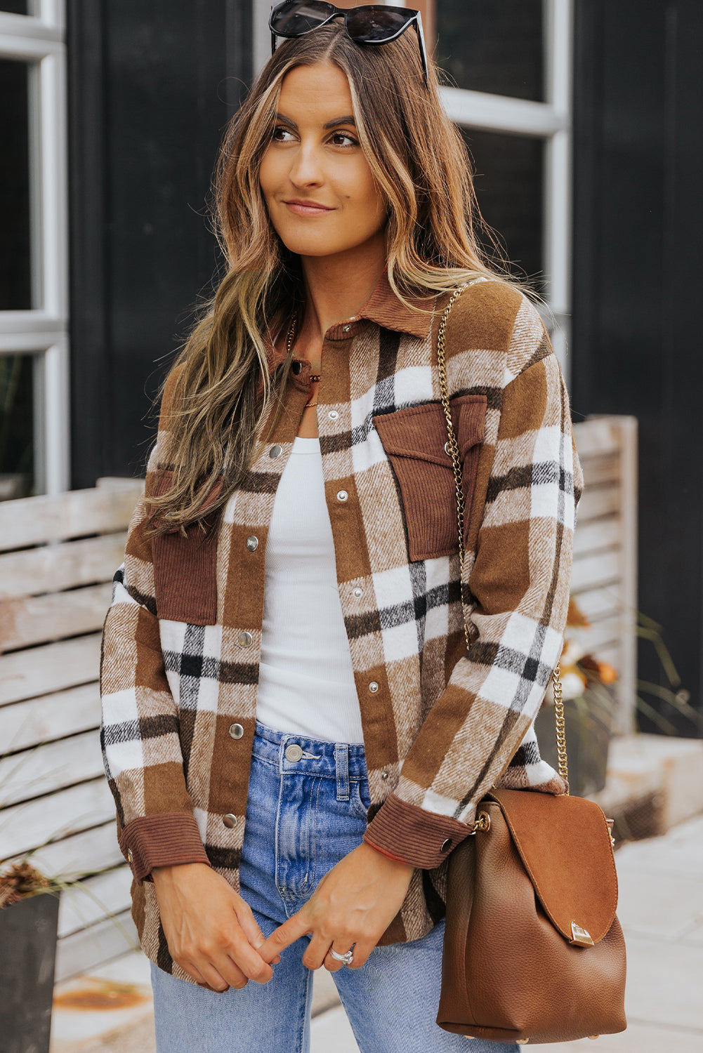 Shirt Jacket for Women Button-Front Plaid Pocket-Detail