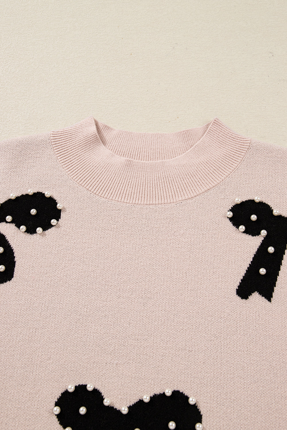 Pearl Embellished Bow Pattern Loose Knit Top
