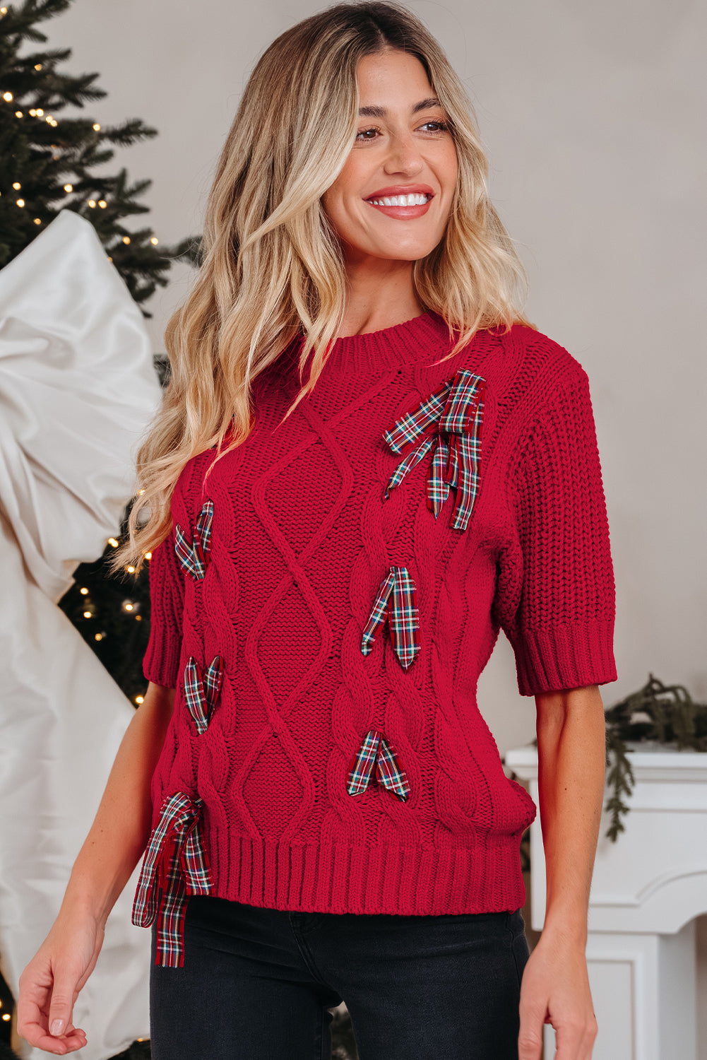 up Plaid Lace Detail Christmas Holiday Puff Short-Sleeved Knit Top