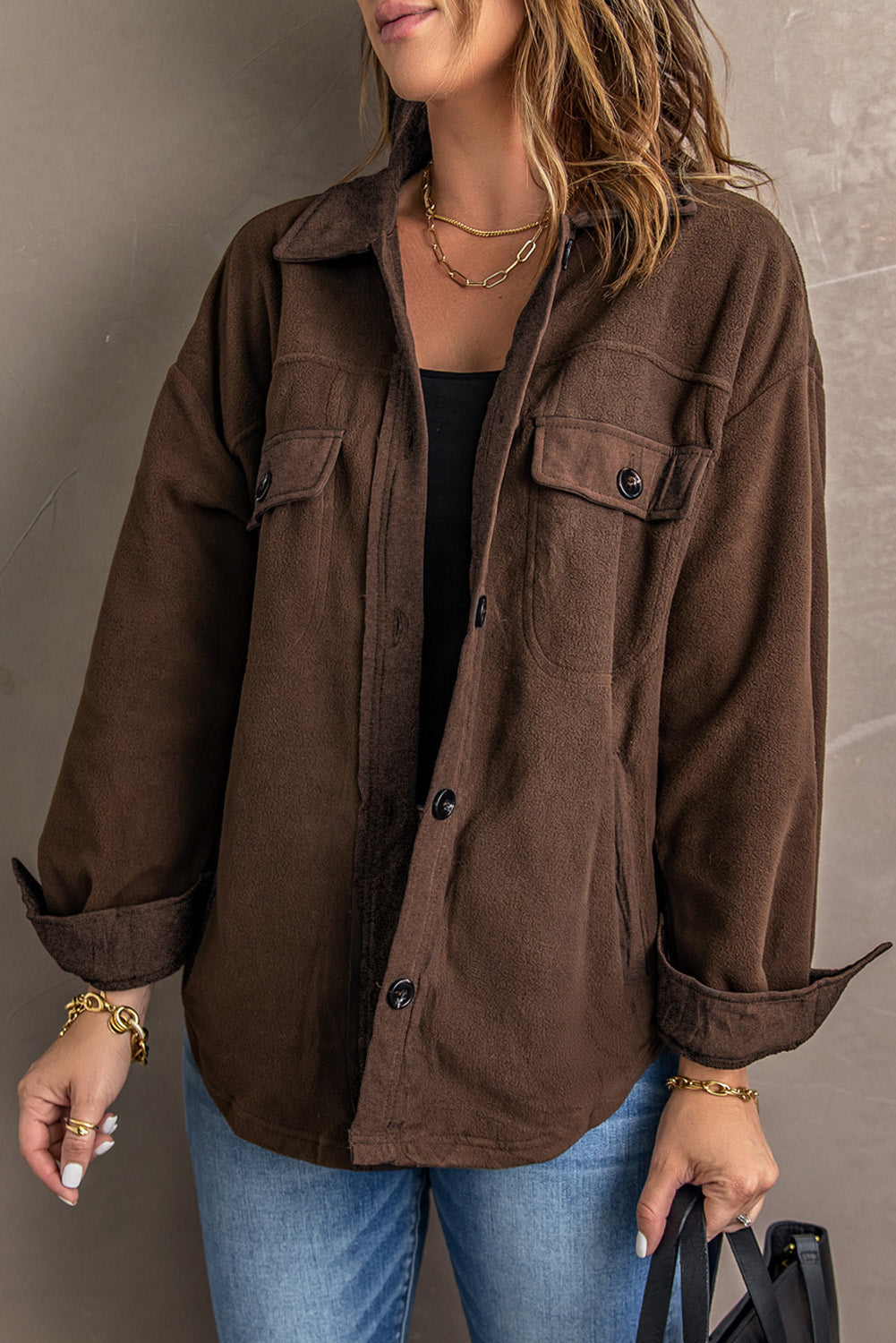 Women's Shirt Jacket Featuring Collar Turn Down