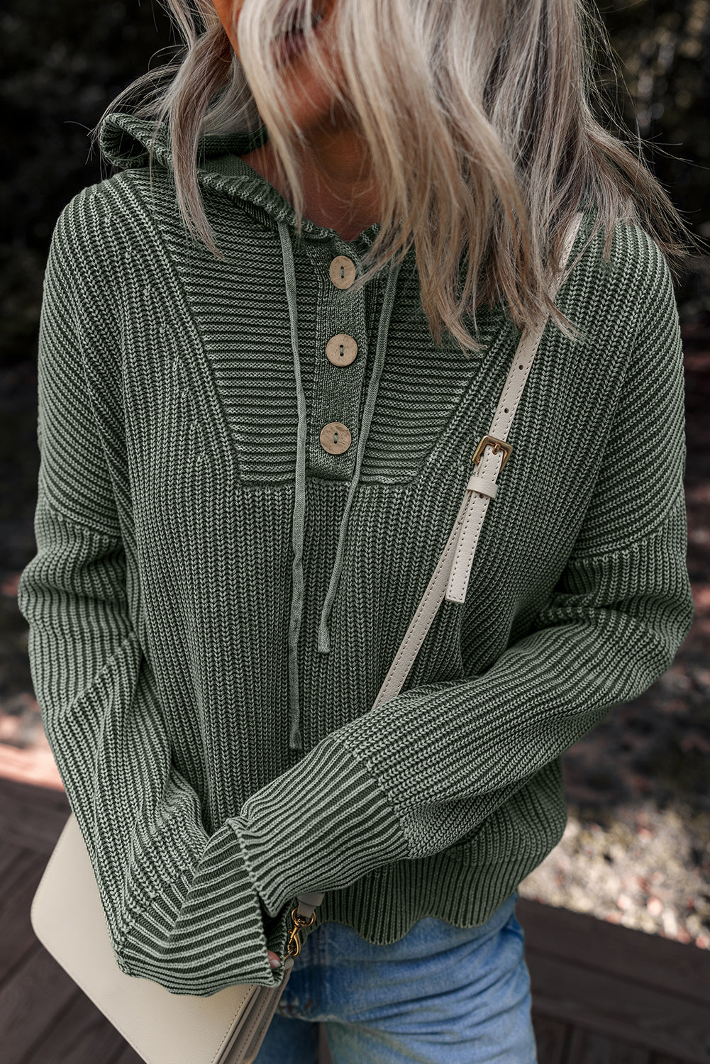 Mineral Wash Rib-Knit Knit Button Drawcord Neck Hooded Knit Top