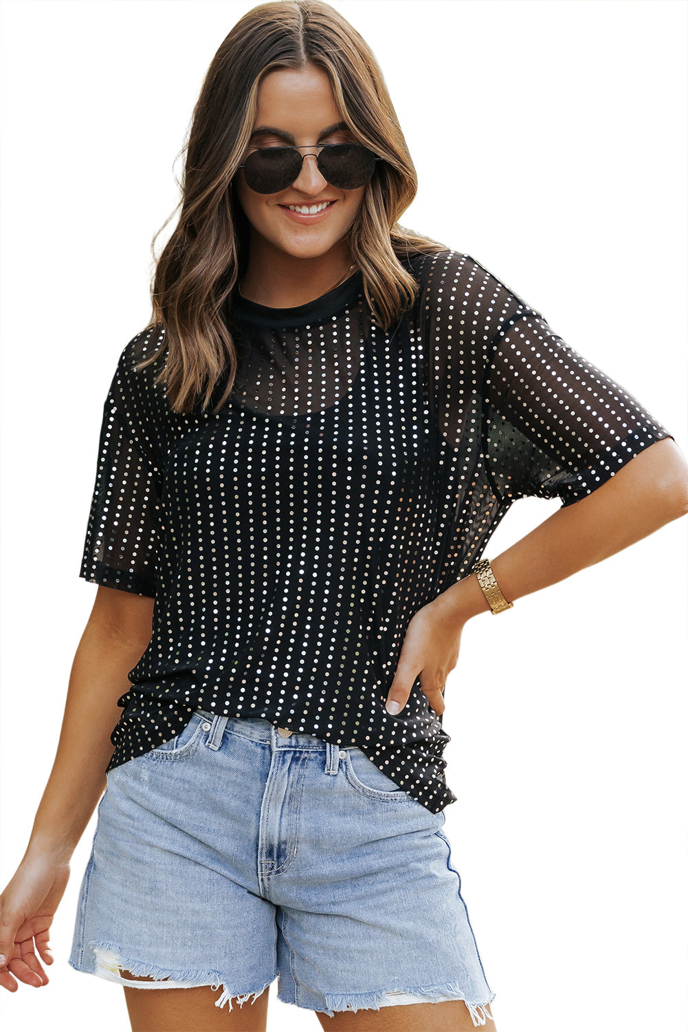 Women's T-shirt with Dropped-Shoulder Semi-Sheer