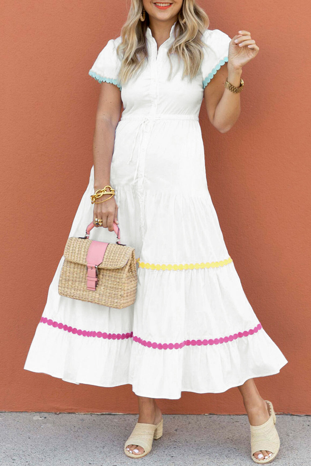 White Colorblock Rickrack Trim Long Dress