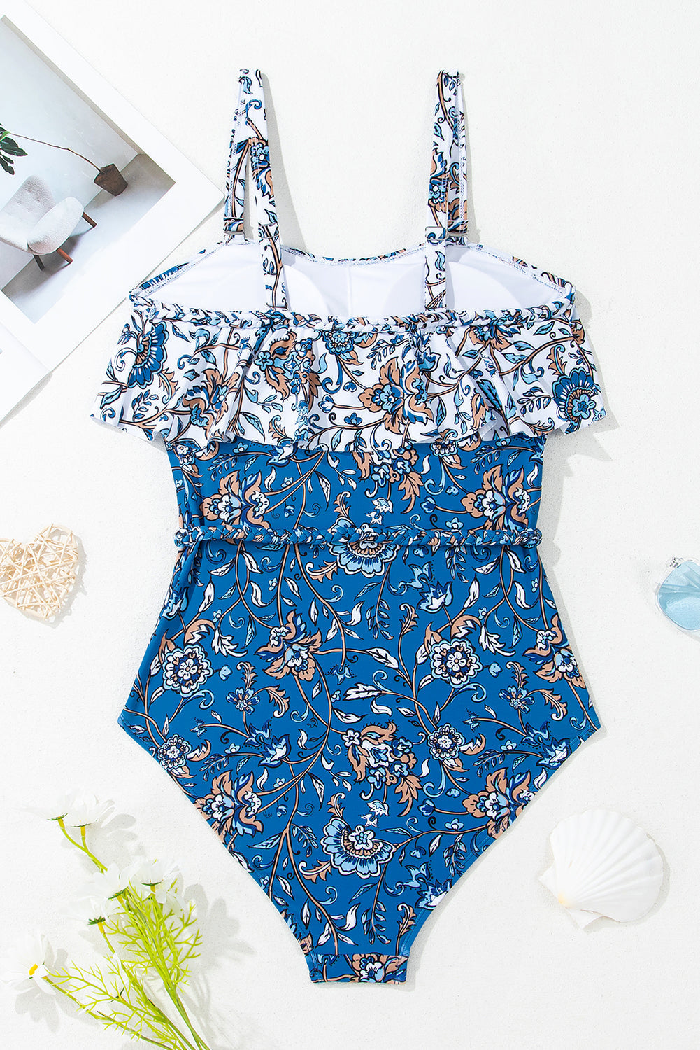 Floral Printed Ruffle Removable Strap One Piece Swimsuit