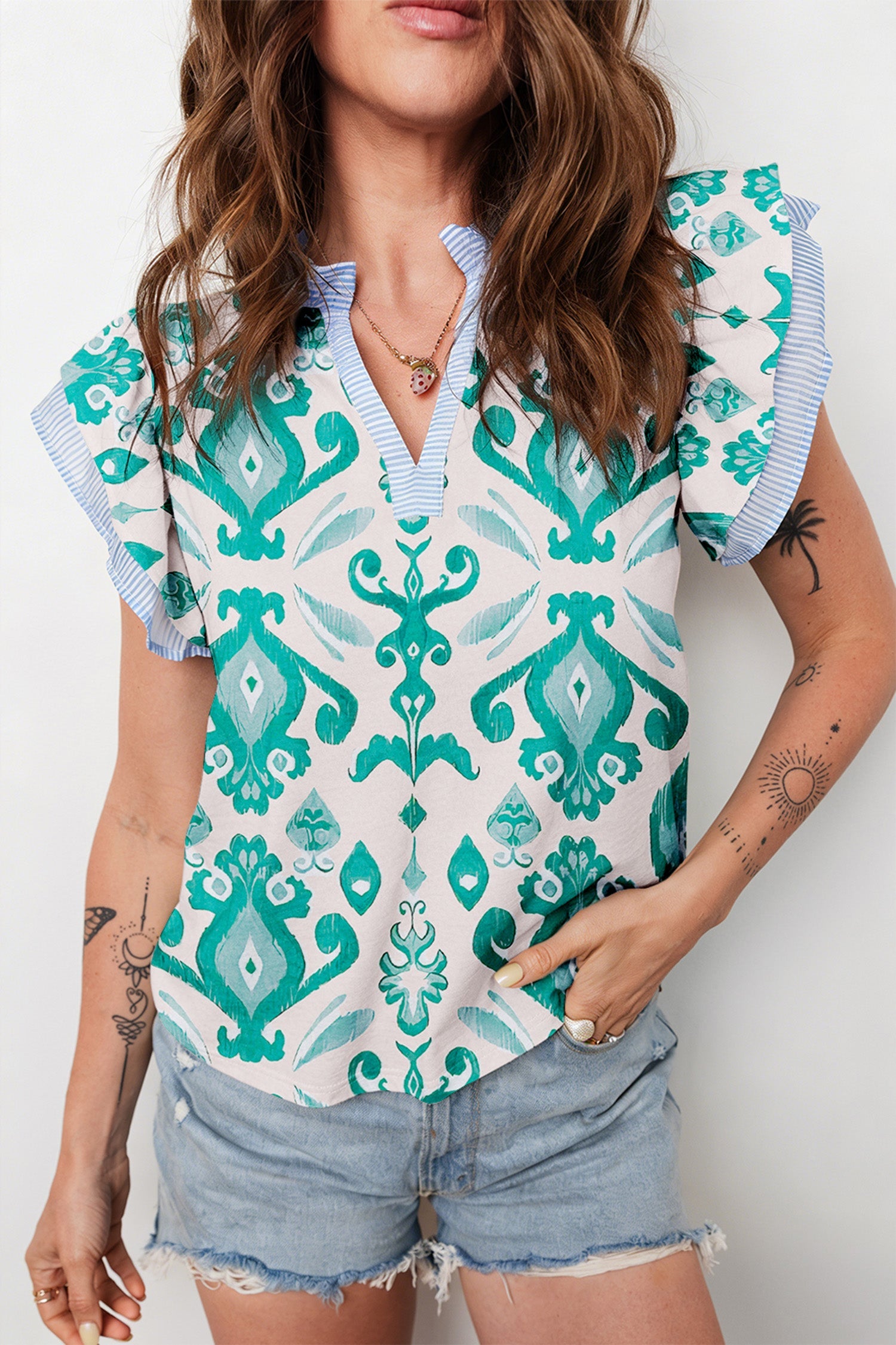 Ethnic Trim Print Striped Flutter Sleeve Top