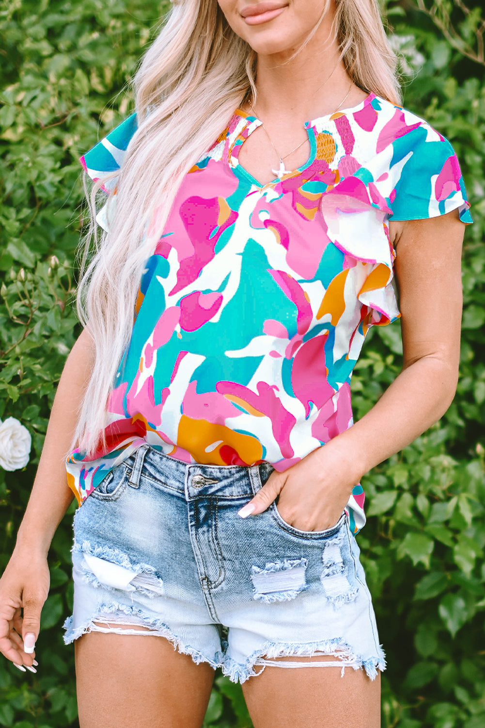 Women's Blouse with Abstract Print Notched Neck Flutter Sleeve