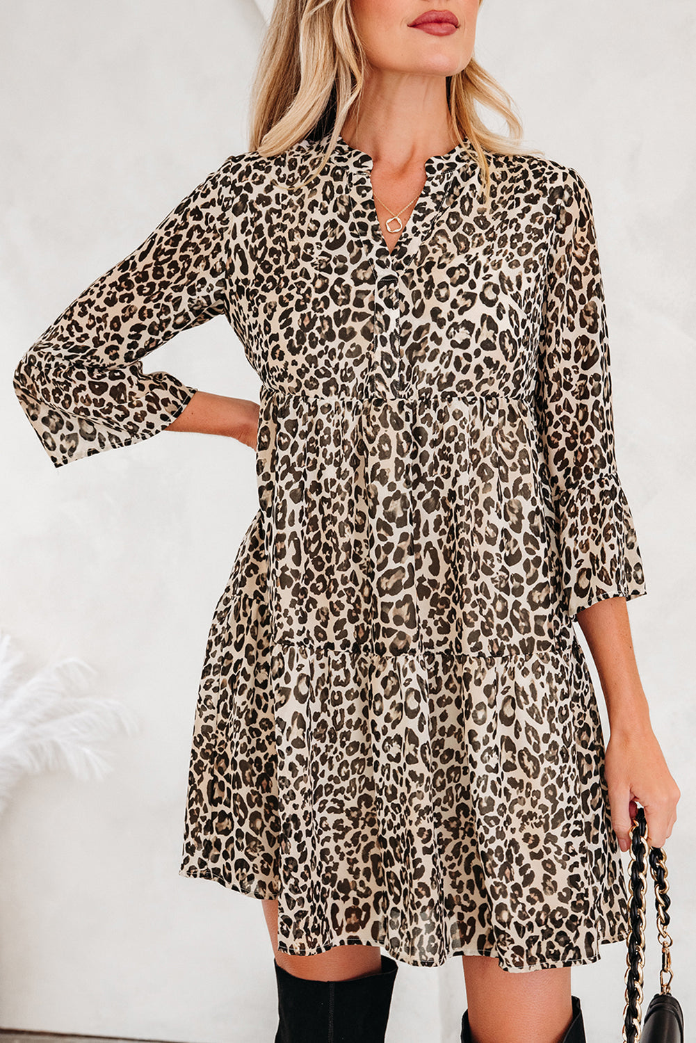 Leopard 3/4 Sleeve V-Neck Swing Dress