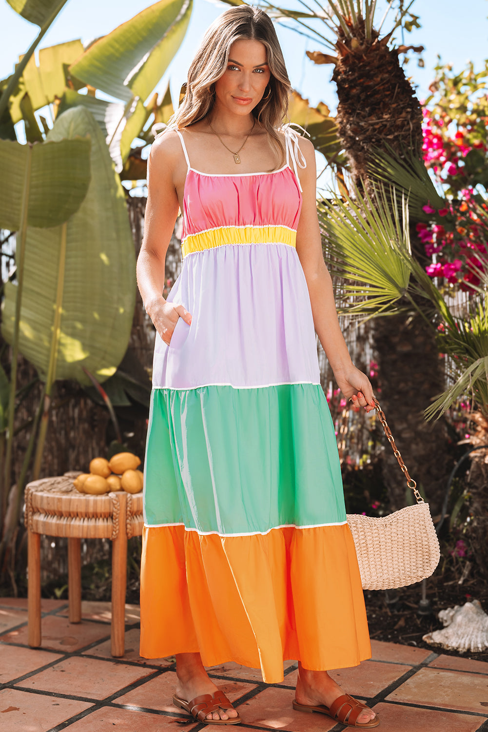 Colorblock Self-tie Straps High Waist Flowy Maxi Dress