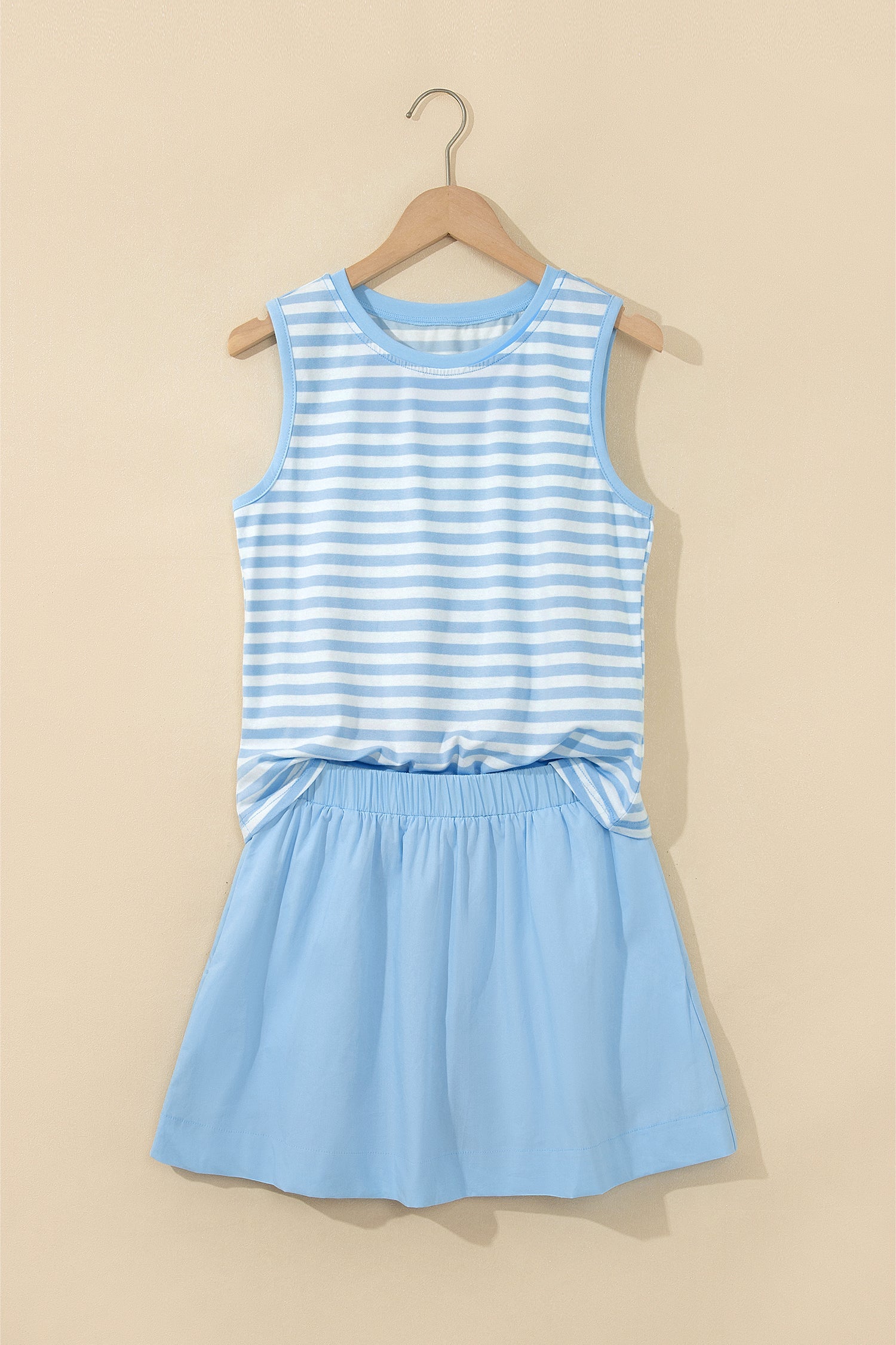 Cute Sky Blue Stripe Slim Tank Contrast Ruffle Mini Skort Set