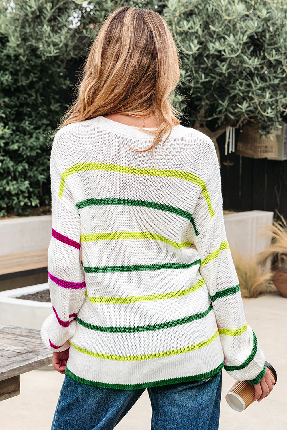 Colorful Crew-Neck Striped Drop-Shoulder Knit Top