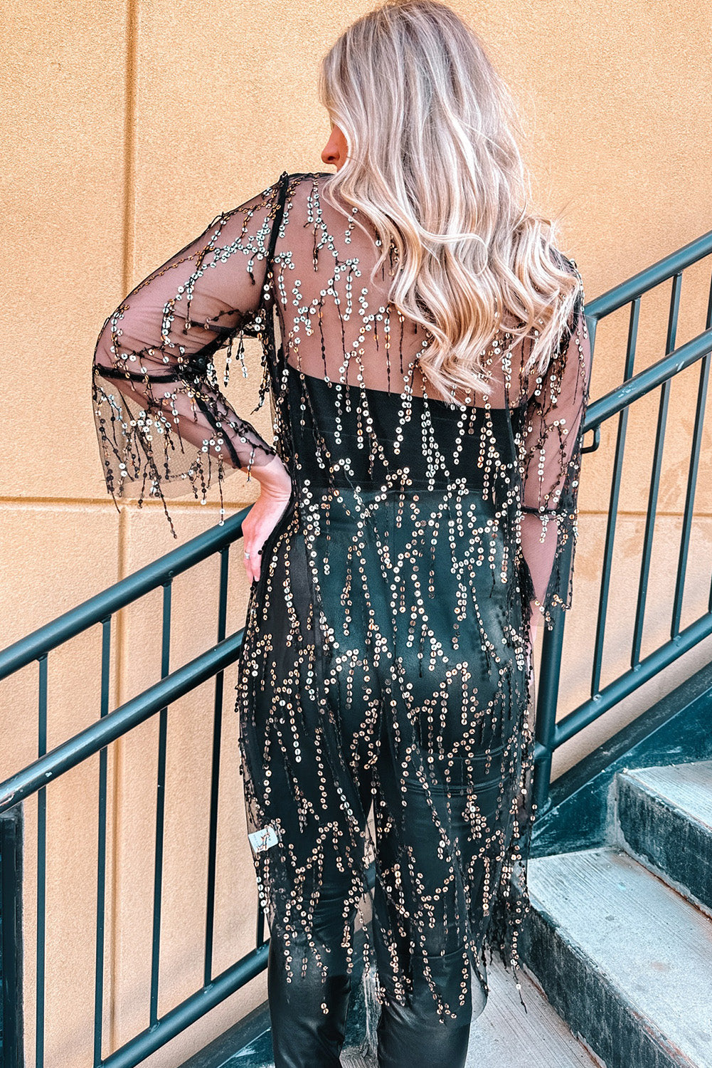 Women's Kimono with Open Front Sequin Semi-Sheer Long-Sleeve
